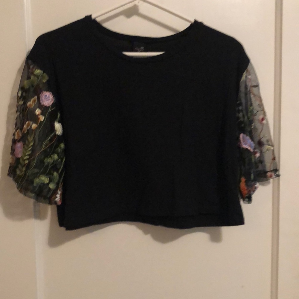 Black crop top w Beautiful lace floral butterfly embroidered sleeves made in USA